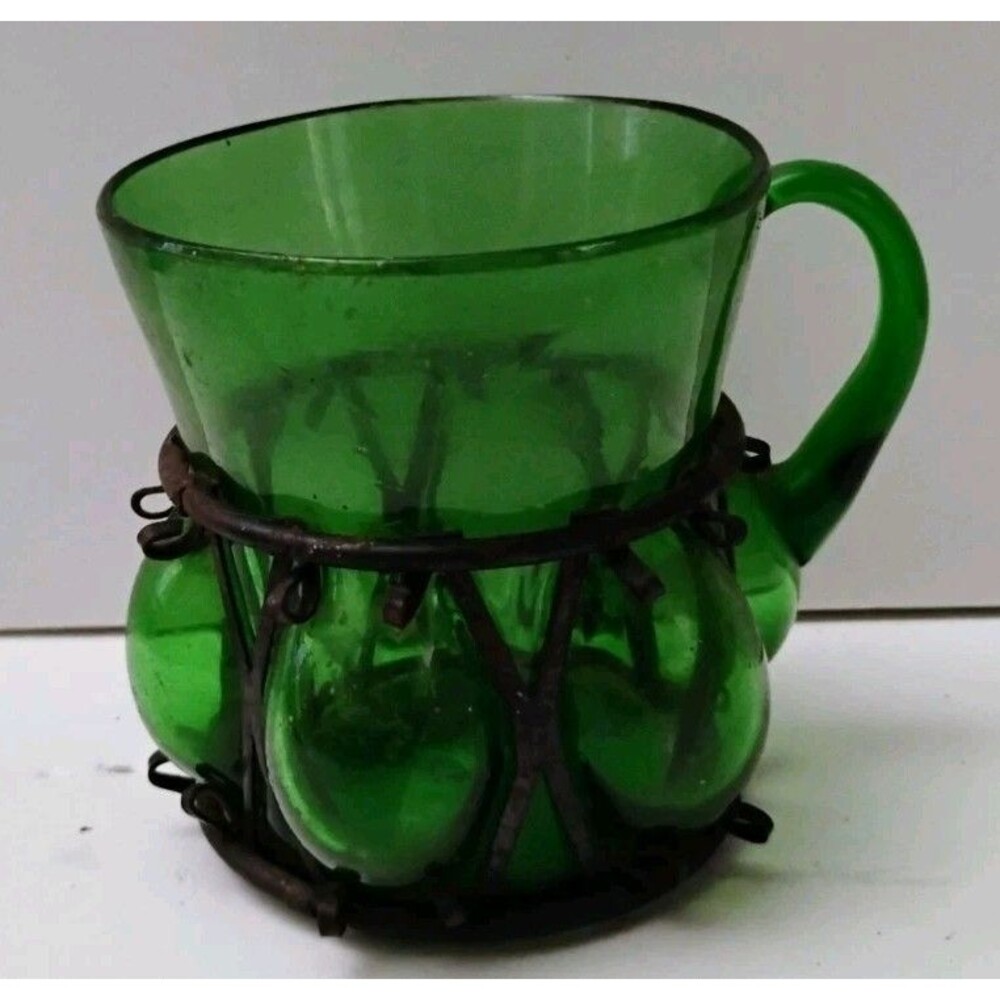 Vintage Mexican Hand Blown Green Glass Mug In Wrought Iron Metal Cage Cup